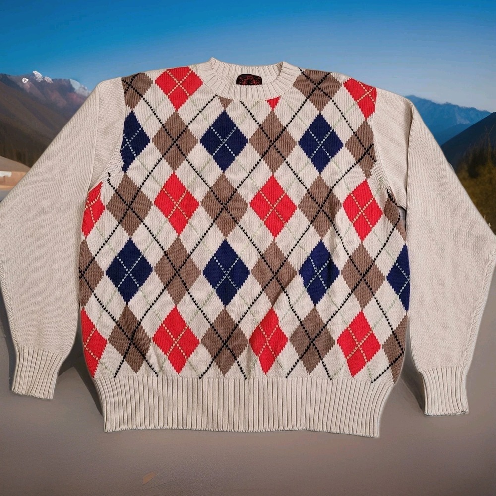 Vintage Evisu‎ Sweater Men's 40/M Heavyweight Cotton-Blend Intarsia Argyle Japan